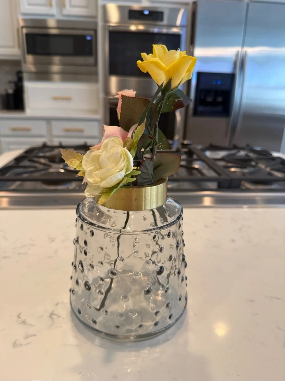 Faux Rose Floral Arrangement Textured Glass Vase Gold Rim Cottage Decor